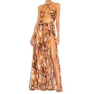 New NWT Bronx and Banco Fire Multi Color Semi Sheer Cut Out Maxi Dress